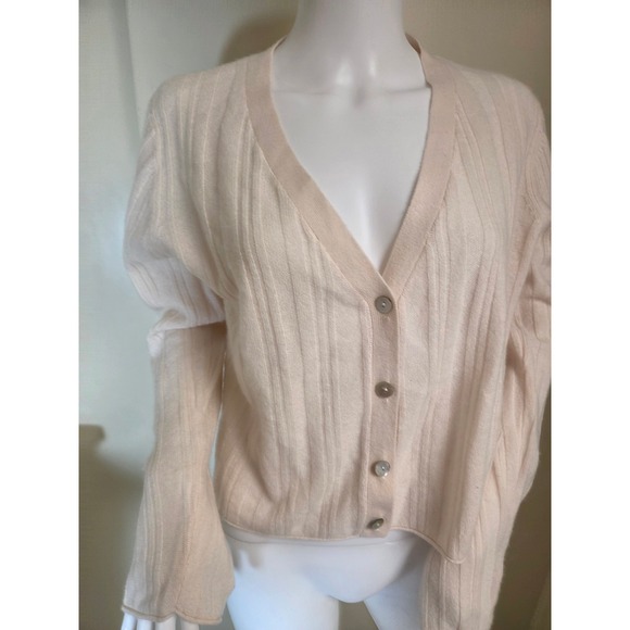 Crush Cashmere Sweaters - Crush Cashmere Women Cream Ribbed V-Neck Button Front Cardigan Sweater Size 1